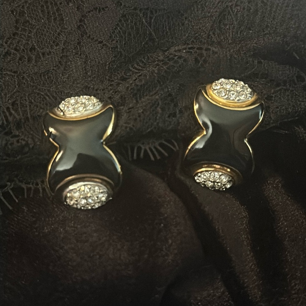 Vintage Black Enamel & Rhinestones Clip On Earrings